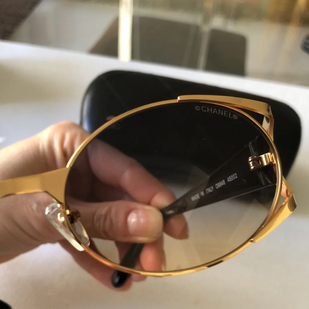 Chanel Gold Metal Round Sunglasses with Black Case